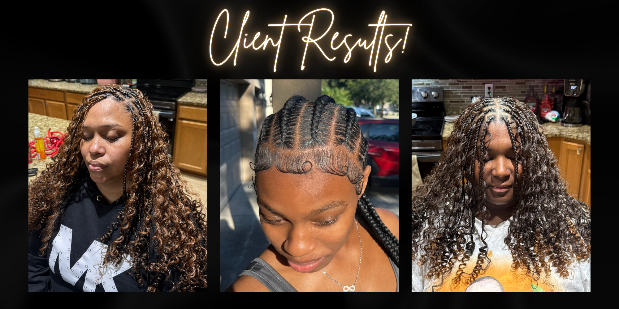 Client results by Hair By Tiana Alexis: curly boho braids and neatly parted braided styles.