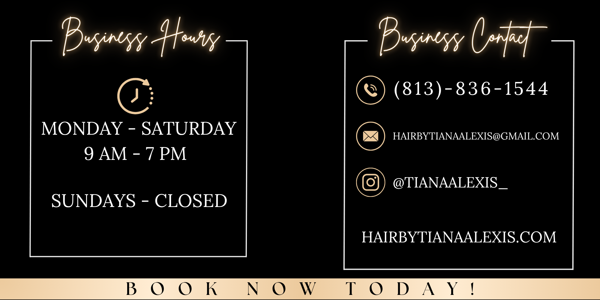 Hours: Monday–Saturday, 9 AM–7 PM; Sunday closed. Contact: (813) 836-1544, hairbytianaalexis@gmail.com, Instagram @tianaalexis_.